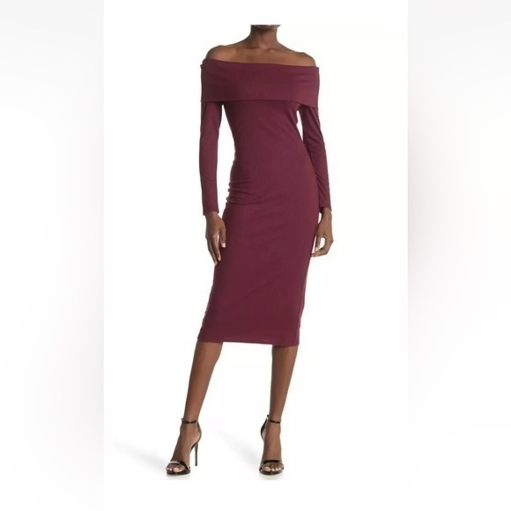 New And Now This Ribbed Off The Shoulder Midi Dress Burgundy Large